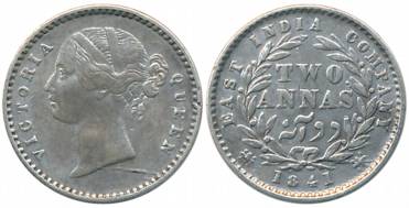 Victoria Queen, Silver 2 Anna, Divided legend, 1841, Calcutta Mint, W.W. raised, normal 'C