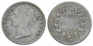 Victoria Queen, Silver 2 Anna, Divided legend, 1841, Calcutta Mint, 'Mule', Obv: Rev: Cont