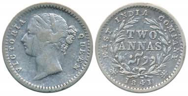 Victoria Queen, Silver 2 Anna, Divided legend, 1841, Madras Mint, S incused, W.W. raised, 