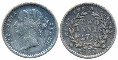 Victoria Queen, Silver 2 Anna, Divided legend, 1841, Bombay Mint, W.W. raised (Prid# 128).