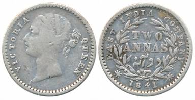 Victoria Queen, Silver 2 Anna, Divided legend, 1841, Madras Mint, S incused, W.W. raised, 