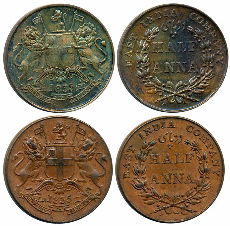 Copper 1/2 Anna (2), 1835, Madras Mint (Prid# 131) & Bombay Mint (Prid# 133). Extremely fi