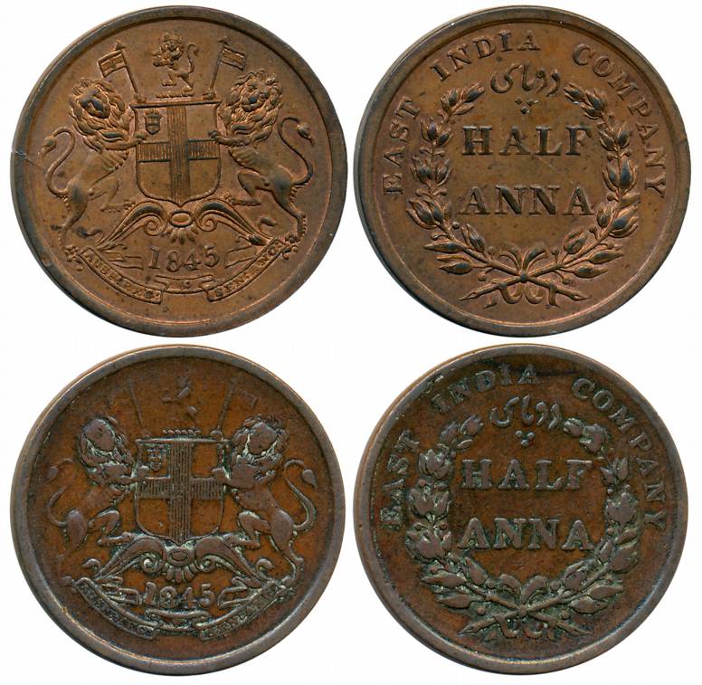 Copper 1/2 Anna (2), 1845, Calcutta Mint (Prid# 137, 138), 4 in date with serif. Very fine