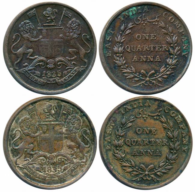 Copper 1/4 Anna (2 different variety), 1835, Calcutta Mint, 17 Berries-L 8/ R 9, Slanting 