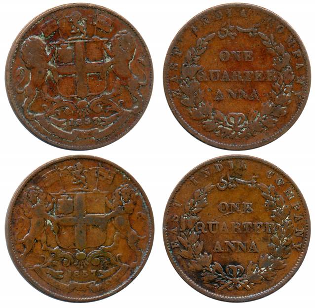 Copper 1/4 Anna (2), 1857, Minted by R. Heaton & sons Birmingham, Wreath Tips, Single Leav