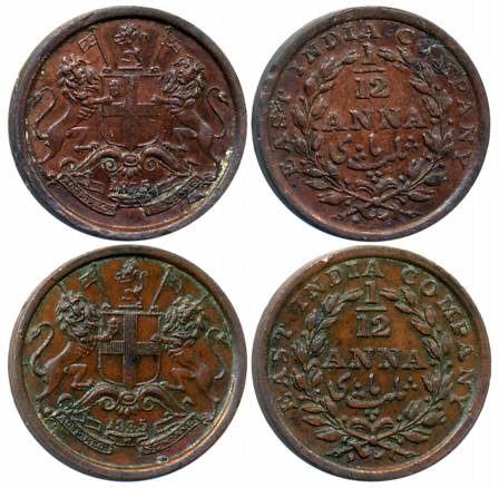 Copper (2), 1/12 Anna, 1835, Madras Mint (Prid# 161) & Bombay Mint, Reverse Aligned (Prid#
