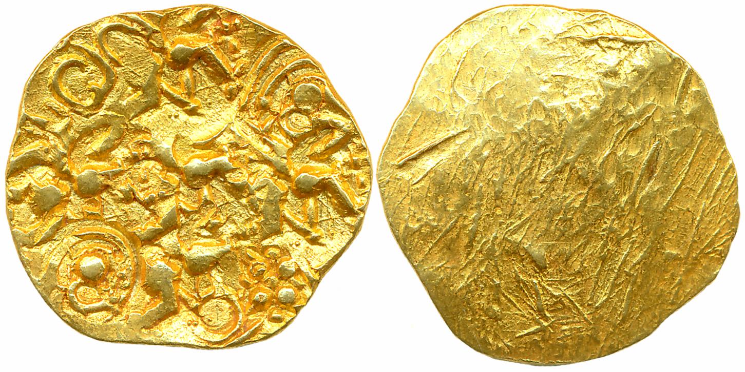 Chalukya feudatories, Gold Punched Mark Gadyana, 3.58gm, Uniface, Running warrior punches 