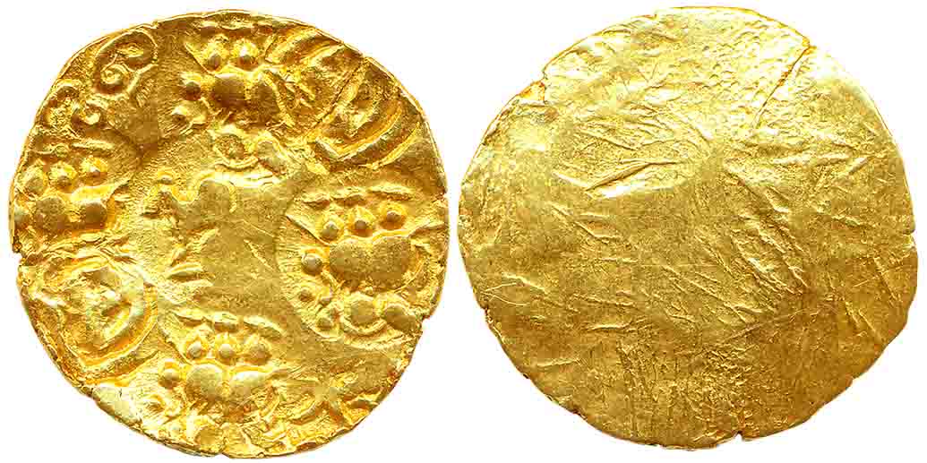 The Nolambas of Nolambavadi, Anonymous, Gold Gadyana, 3.51g, Uniface, 5 X seated Nandi, 2 