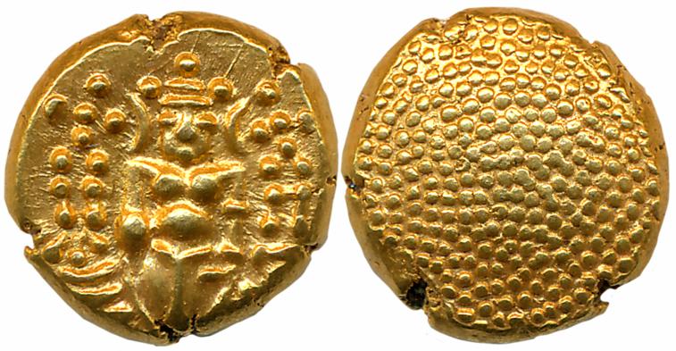 Portonova, Gold Pagoda, 3.41g, Obv: Lord Vishnu standing facing front, Rev: Granulated (KM