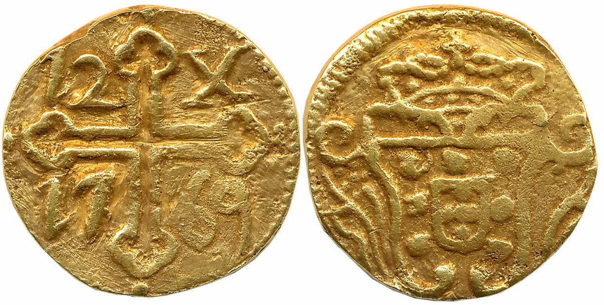 Goa, D. Jose, Gold 12 Xerafim, 6.19g, 1769, Obv: Cross, value and date in Angels, Rev: Cro