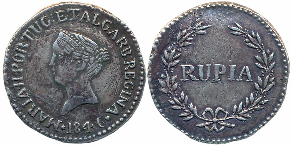 Goa, D. Maria II, Silver Rupia, 10.47g, 1846, Obv: Head to left, Rev: Value within sprays,