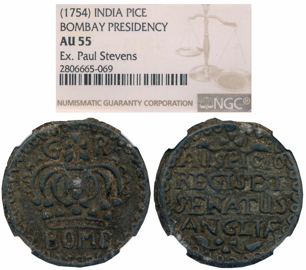 Tin Pice, 1754, Obv: Large crown divides G-R at top, “BOMB” below, Rev: English legend “AU