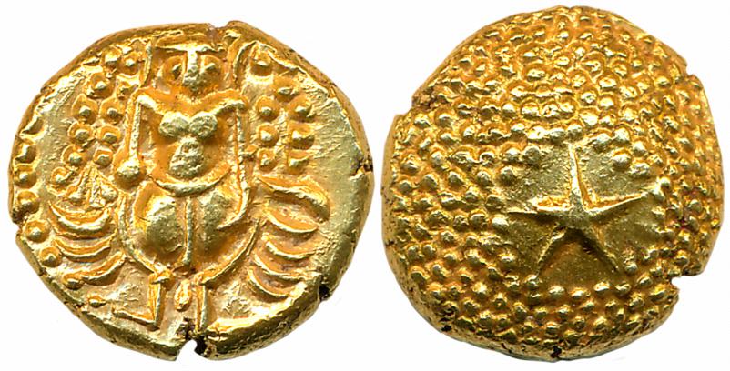 Gold Star Pagoda, 3.40g, Obv: Full standing figure of Lord Vishnu, Rev: Star surrounded by