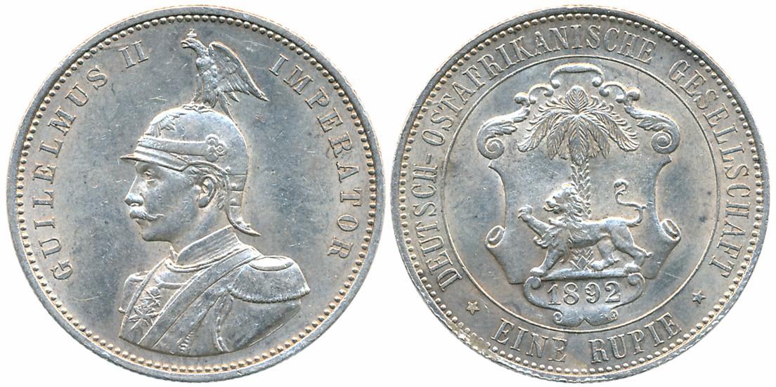German East Africa, Guilelmus II, Silver Rupee, 1892, Obv: Armored bust to left, Rev: Shie