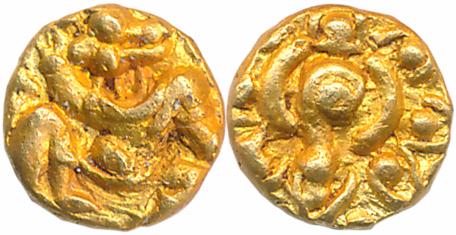 Kadambas of Hangal, Gold Heavy Fanam, 0.51g, Obv: Lord Hanuman Seated facing right, Rev: C