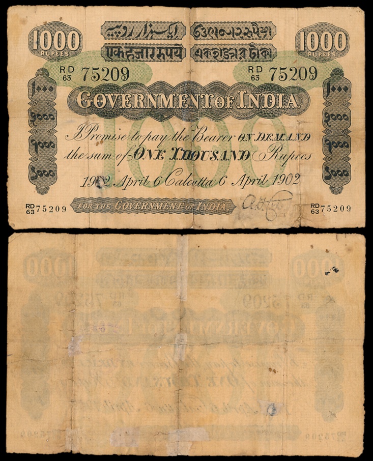 Edward VII, Rupees 1000, Uniface, Green Under Print, Type 7.2A, Calcutta, Signed A.F. Cox,
