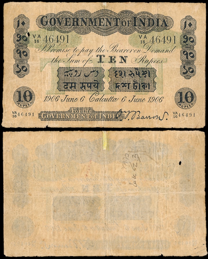 Edward VII, Rupees 10, Uniface, Green Under Print, Type 2.2A, Calcutta, Signed O.T. Barrow