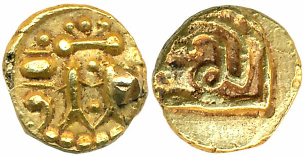 The Alupas, Gold Fanam, 0.36g, Obv: Vertical two Fishes the royal parasol above, the Lotus