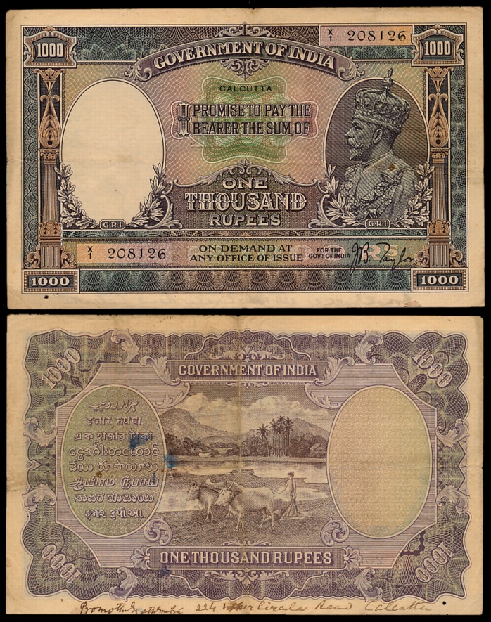 George V, Rupees 1000, Type 11, Calcutta, Signed J.B. Taylor, Prefix X/1 (Jhun# 11.1B). Wr