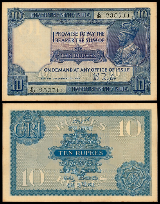 George V, Rupees 10, 2nd issue, Type 7, Signed J.B. Taylor, Prefix K/36 (Jhun# 7.2). About