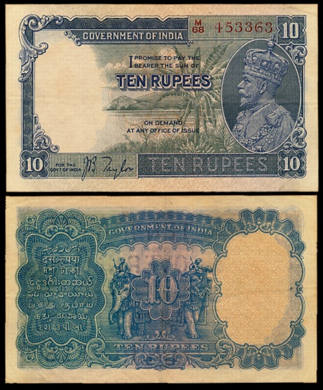 George V, Rupees 10, 3rd issue, Type 8, Signed J.B. Taylor, Prefix M/68 (Jhun# 8.1A). Very