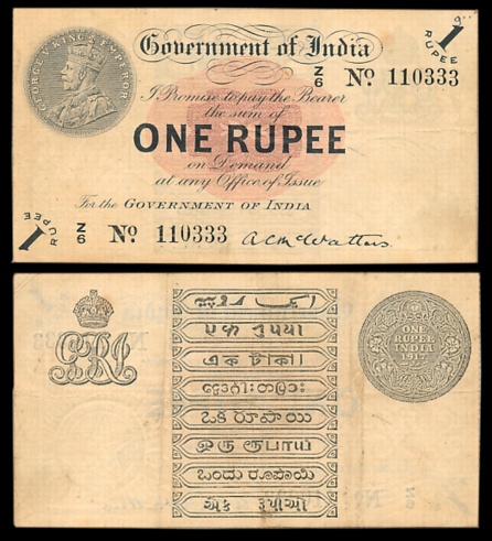 George V, Rupee 1, 1st issue, Type 1, Signed A.C. McWatters, Prefix Z/6 (Jhun# 1.2A). Very
