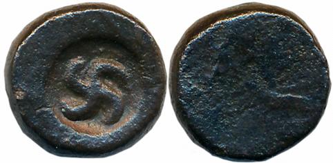 Pushkalavati, Copper 1/2 Karshapana, 4.37g, Uniface, Swastika on obverse, thick flan (Mitc