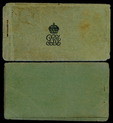 George V, Green Empty Cover of booklet of 1 Rupee note.