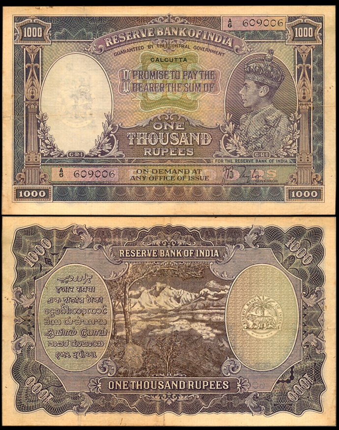 George VI, Rupees 1000, Type 8, Calcutta, Signed J.B. Taylor, Prefix A/6 (Jhun# 8.1B). Ver