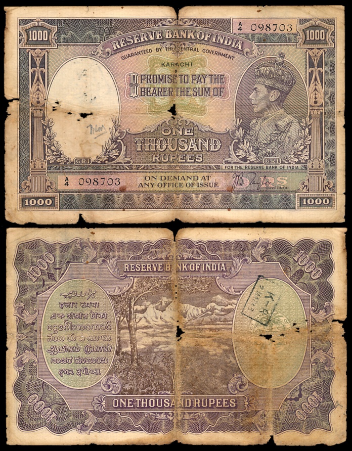 George VI, Rupees 1000, Type 8, Karachi, Signed J.B. Taylor, Prefix A/4 (Jhun# 8.1D). Deep