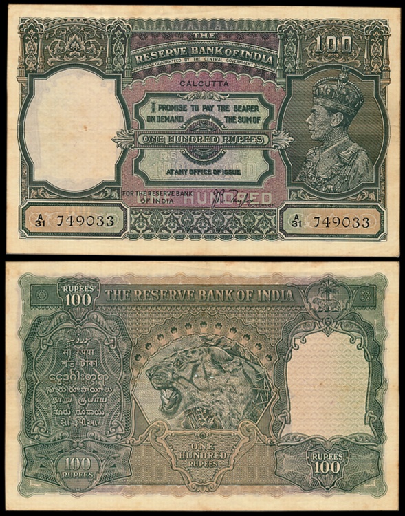 George VI, Rupees 100, Type 7, Calcutta, Signed J.B. Taylor, Prefix A/31 (Jhun# 7.1B). Ver