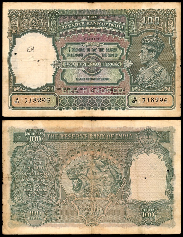 George VI, Rupees 100, Type 7, Lahore, Signed C.D. Deshmukh, Prefix A/67 (Jhun# 7.2M). Fin