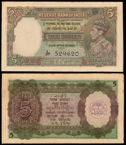 George VI, Rupees 5, 1st issue, Type 3, Signed C.D. Deshmukh, Prefix L/37 (Jhun# 3.2). Ext