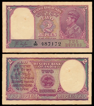 George VI, Rupees 2, Type 2, Signed J.B. Taylor, Prefix A/89 (Jhun# 2.1). Extremely fine.