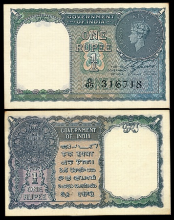 George VI, Rupee 1, Type 1, Signed C.E. Jones, Prefix G/65, Serial number in Black (Jhun# 