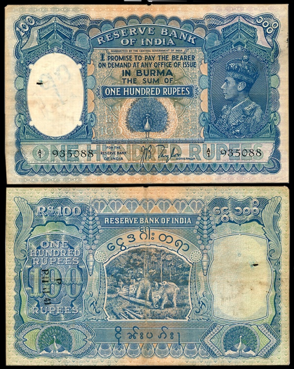 Reserve Bank of India, Burma, George VI, Rupees 100, Type 6, Signed J.B. Taylor, Prefix A/