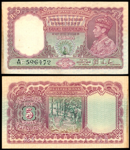 Reserve Bank of India, Burma, George VI, Rupees 5, Type 4, Signed J.B. Taylor, Prefix A/11