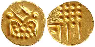 Venad, Kaliyanpanan, Gold Fanam, 0.37g, The lines and dots on the Kalipanam are fancifully