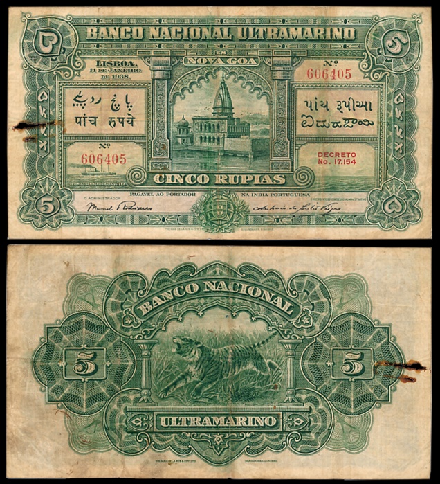 Indo Portuguese, Goa, 5 Rupias, Nova Goa, 5th issue, Type 24, Signed P-2 A-3 (Jhun# 24.3).