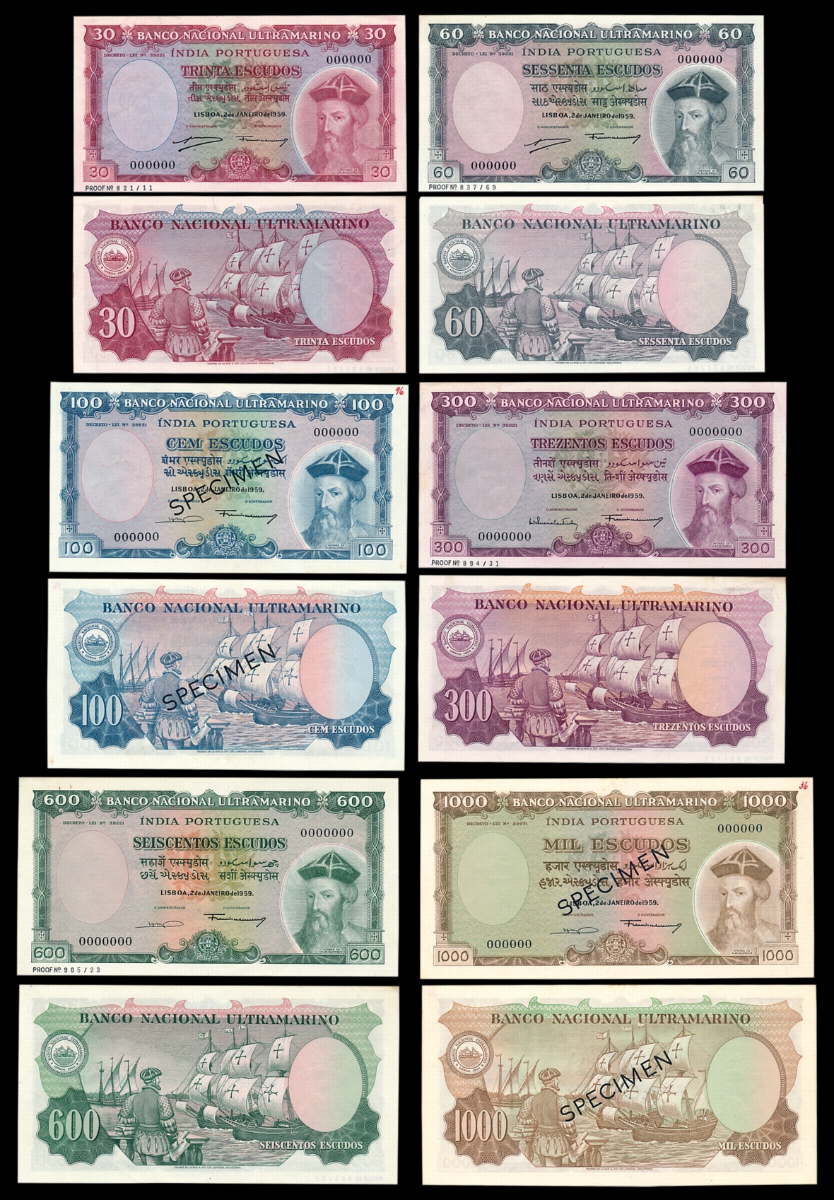 Indo Portuguese, Goa, Specimen, Set of 6, 30 Escudos, 7th issue, Type 35, Signed G-4 A-4 (