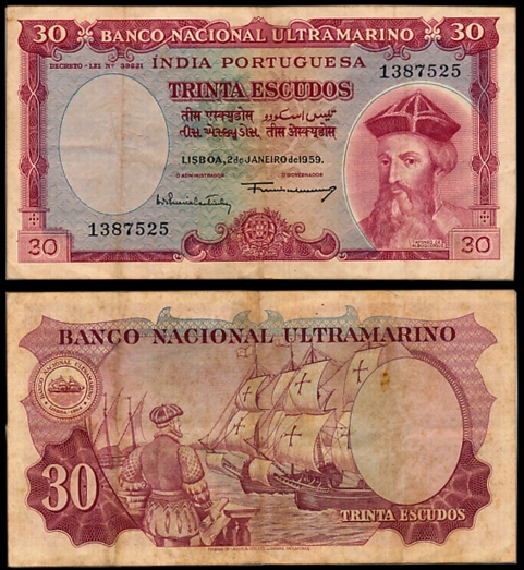 Indo Portuguese, Goa, 30 Escudos, 7th issue, Type 35, Signed G-4 A-12 (Jhun# 35.3). Very f