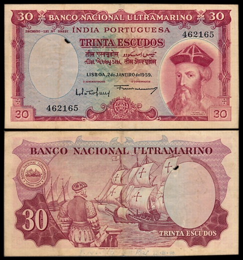 Indo Portuguese, Goa, 30 Escudos, 7th issue, Type 35, Signed G-4 A-13 (Jhun# 35.4). Very f