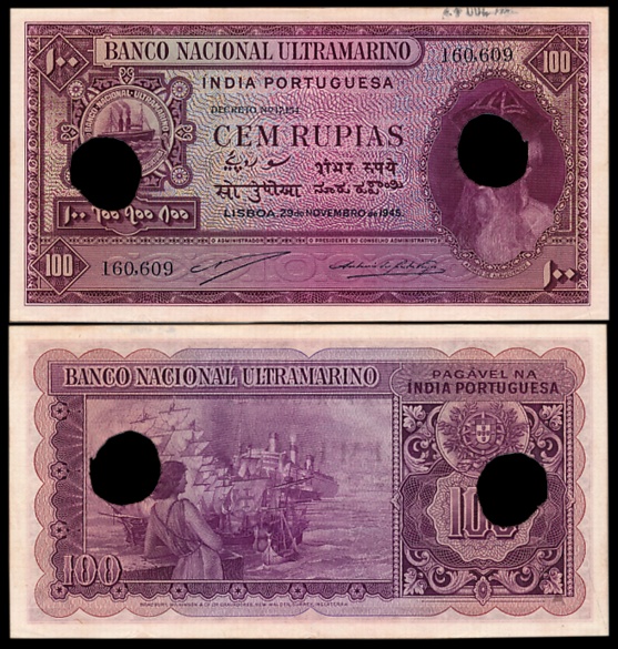 Indo Portuguese, Goa, 100 Rupias, 6th issue, Type 33, Signed P-2 A-4, Two cancellation hol