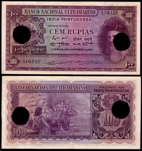 Indo Portuguese, Goa, 100 Rupias, 6th issue, Type 33, Signed P-2 A-7, Two cancellation hol
