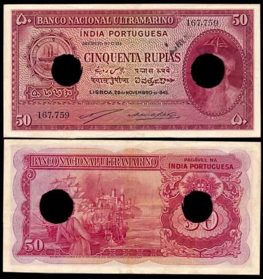 Indo Portuguese, Goa, 50 Rupias, 6th issue, Type 32, Signed P-2 A-4, Two cancellation hole