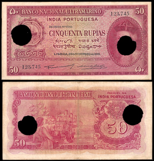 Indo Portuguese, Goa, 50 Rupias, 6th issue, Type 32, Signed P-2 A-7, Two cancellation hole