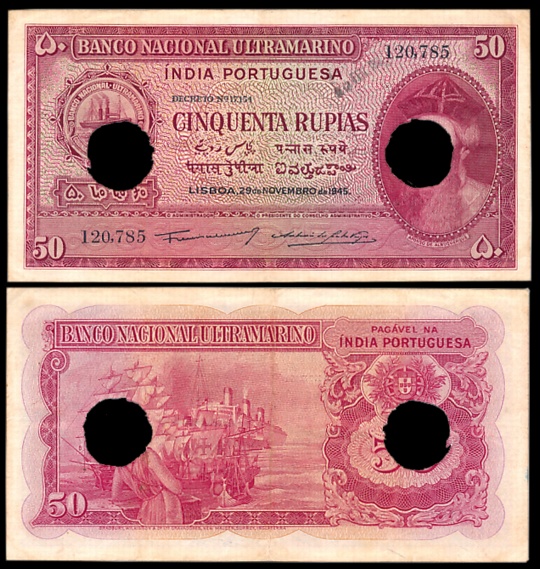 Indo Portuguese, Goa, 50 Rupias, 6th issue, Type 32, Signed P-2 A-7, Two cancellation hole