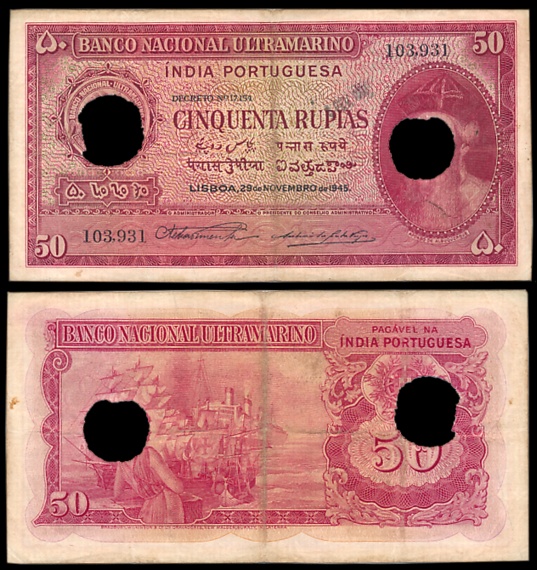 Indo Portuguese, Goa, 50 Rupias, 6th issue, Type 32, Signed P-2 A-8, Two cancellation hole
