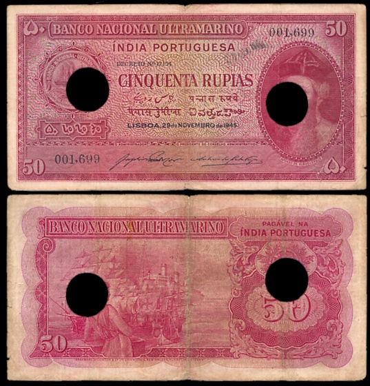 Indo Portuguese, Goa, 50 Rupias, 6th issue, Type 32, Signed P-2 A-9, Two cancellation hole