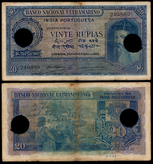 Indo Portuguese, Goa, 20 Rupias, 6th issue, Type 31, Signed P-2 A-2, Two cancellation hole